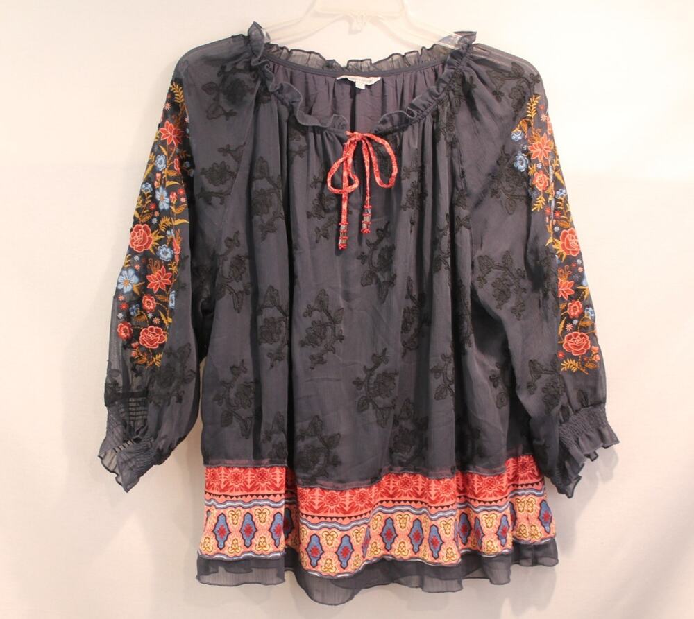 John Mark Embroidered Floral Boho Preasant Top Womens 2X Navy Keyhole Front